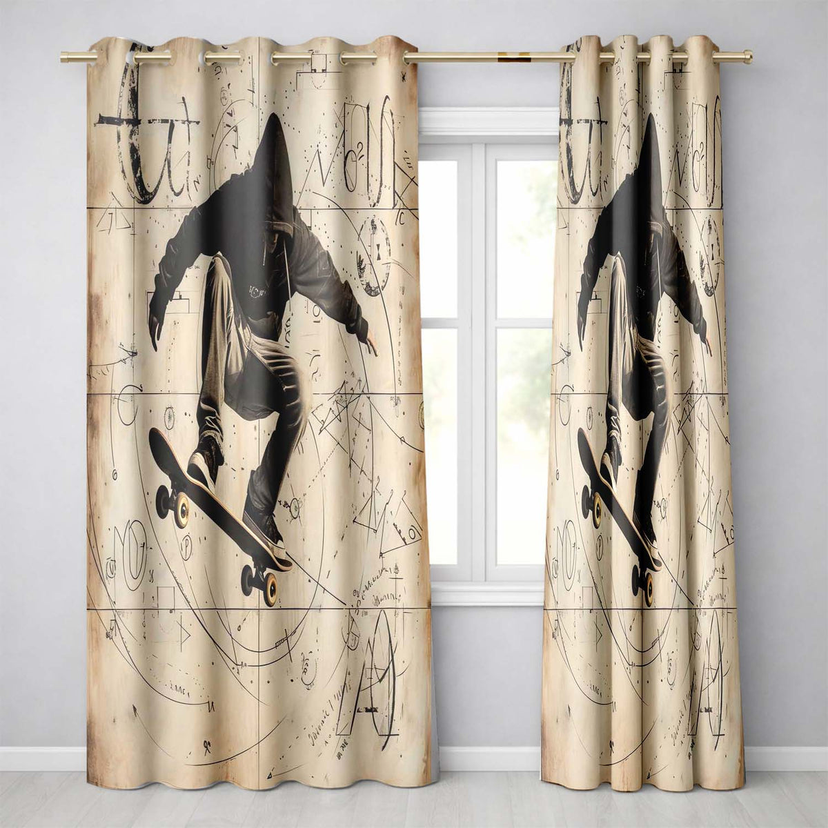 Hooded Skateboarder with Abstract Sketches Urban Contemporary Wall Art Home Decor Readymade Eyelet Ring Top Thermal 100% Blackout Curtains