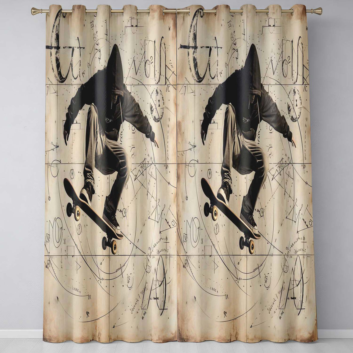 Hooded Skateboarder with Abstract Sketches Urban Contemporary Wall Art Home Decor Readymade Eyelet Ring Top Thermal 100% Blackout Curtains