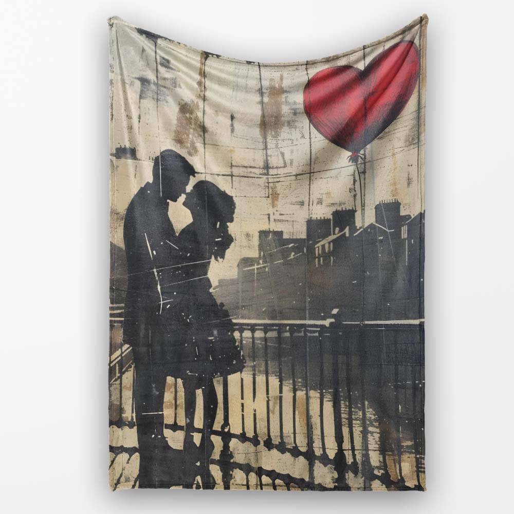 Romantic Couple Silhouette with Red Heart Balloon, All Season Comfort, Comfortable Everyday Use - Super Soft Fleece Blanket Bed Sofa Throw