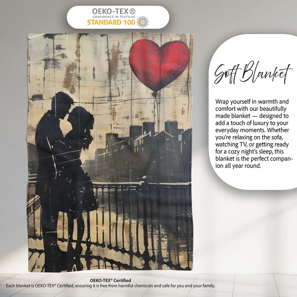 Romantic Couple Silhouette with Red Heart Balloon, All Season Comfort, Comfortable Everyday Use - Super Soft Fleece Blanket Bed Sofa Throw