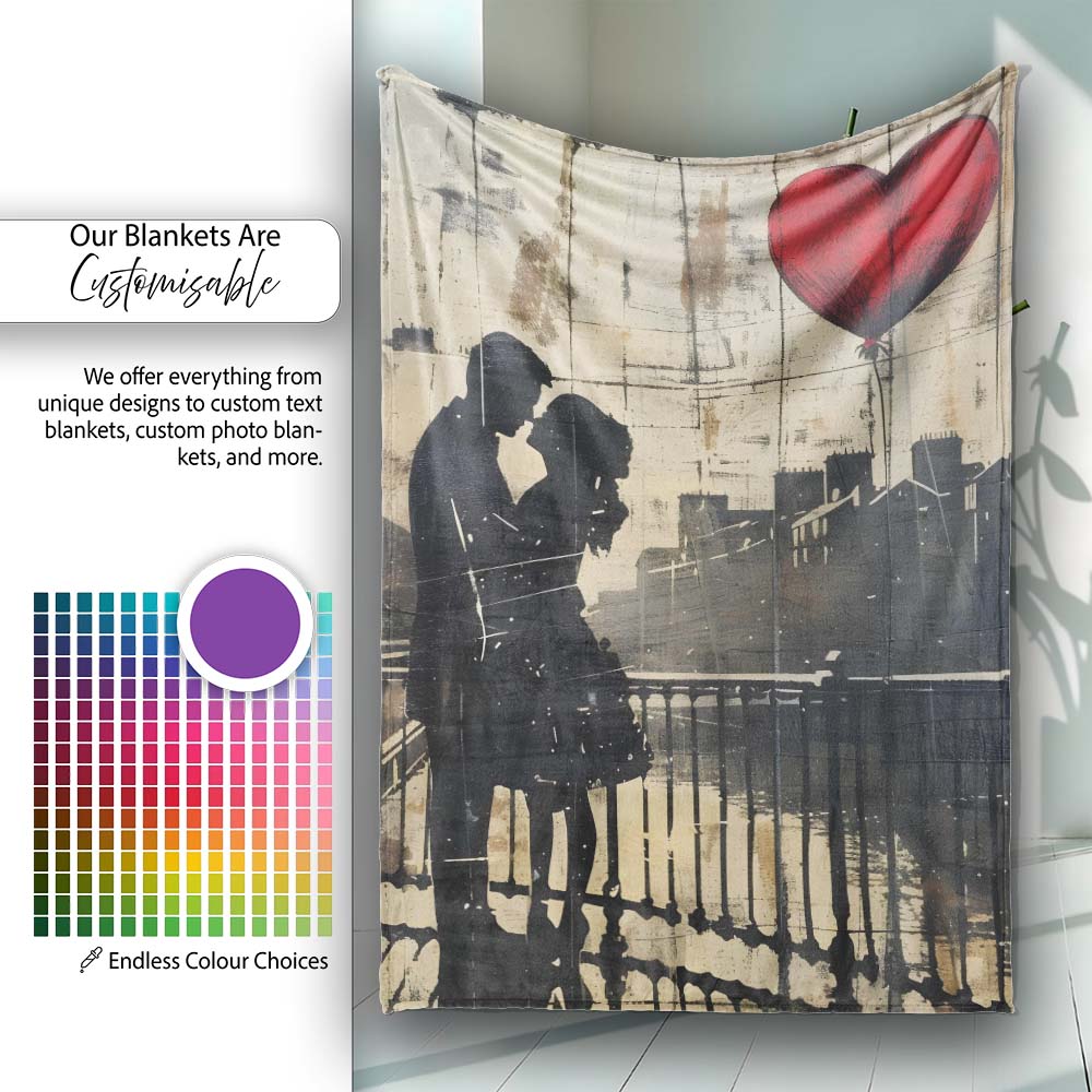 Romantic Couple Silhouette with Red Heart Balloon, All Season Comfort, Comfortable Everyday Use - Super Soft Fleece Blanket Bed Sofa Throw