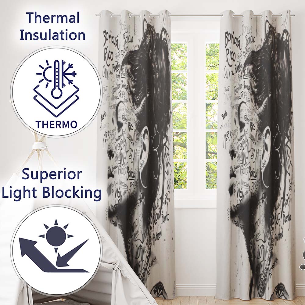 Black and White Woman Portrait Typography Graffiti Timeless Design for Home Decor Readymade Eyelet Ring Top Thermal 100% Blackout Curtains