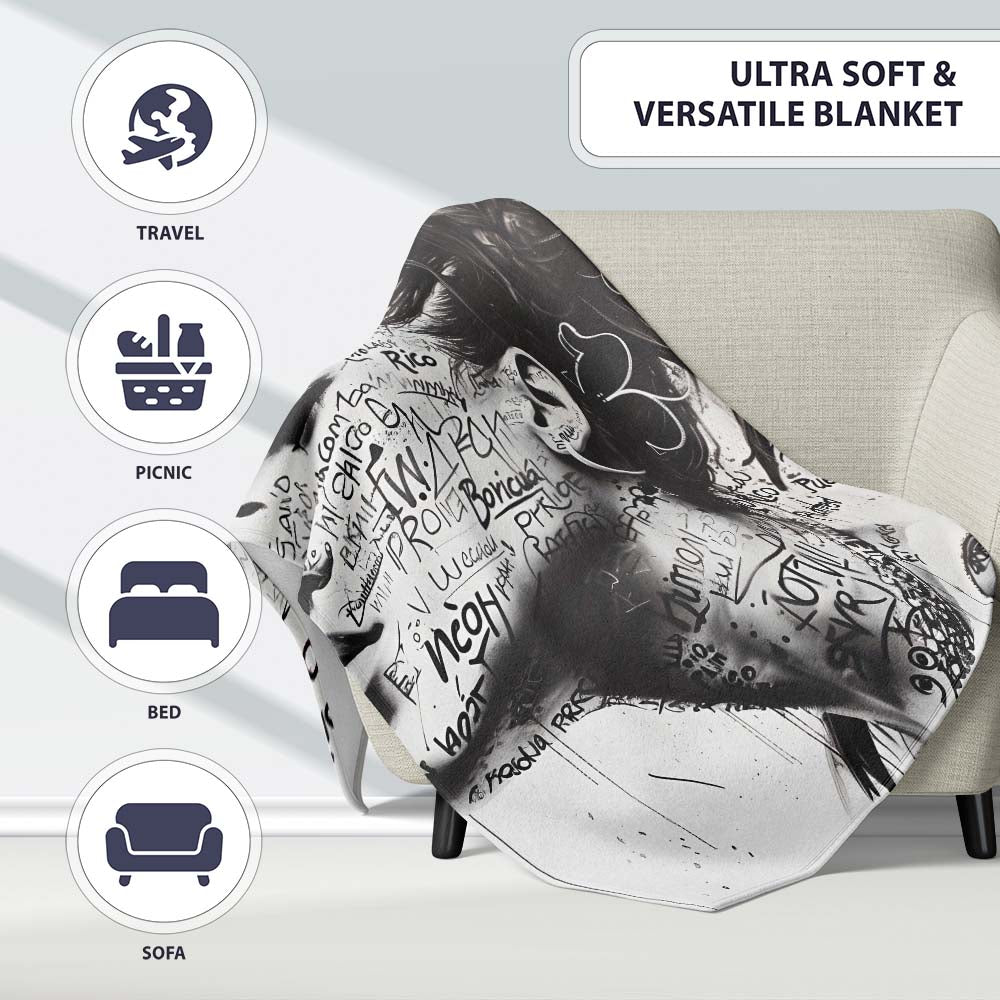 Black and White Woman Portrait Typography Graffiti, All Season Comfort, Stylish Room Decoration - Super Soft Fleece Blanket Bed Sofa Throw