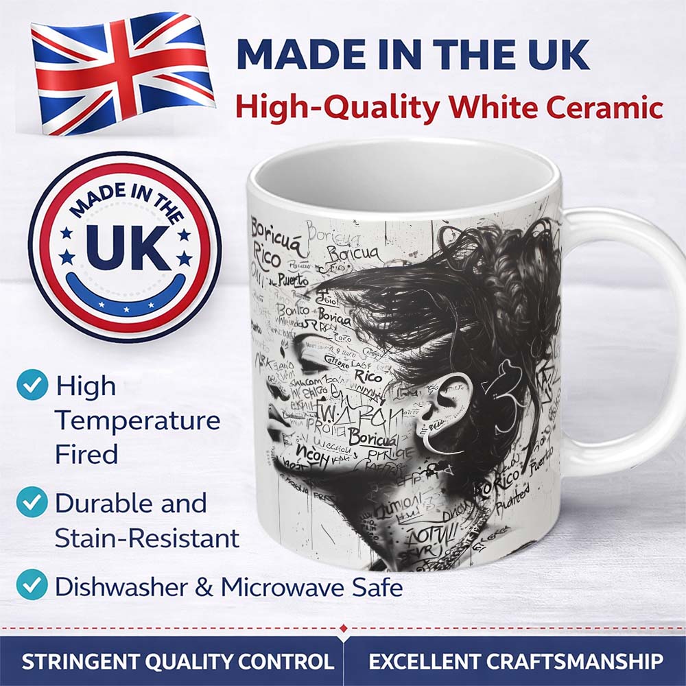 Black and White Woman Portrait Typography Graffiti 11oz Ceramic Coffee Tea Mug White Large Handle