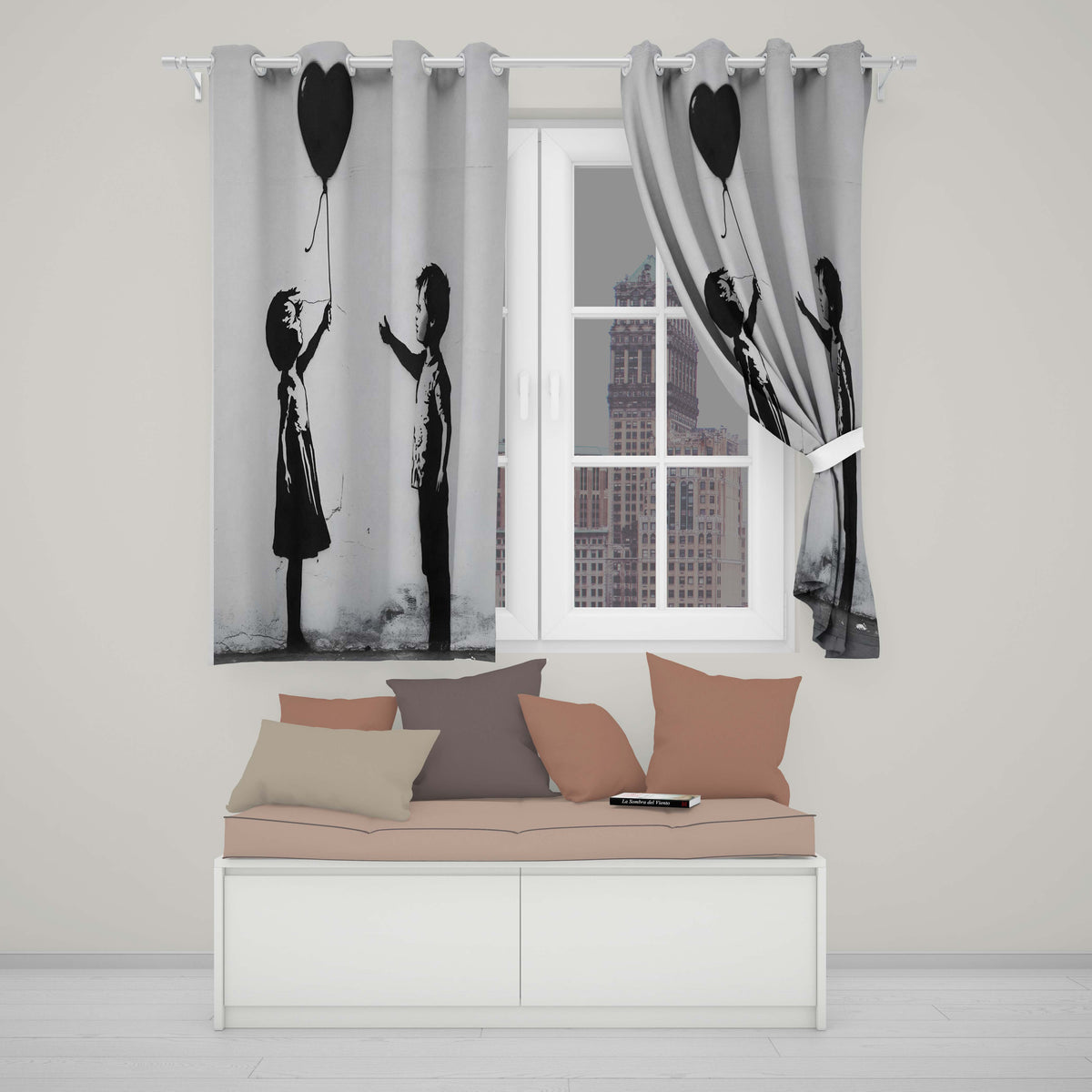 Children Sharing Black Heart Balloon Minimal Graffiti Elegant Artistic Home Decor Readymade Eyelet Ring Top Thermal 100% Blackout Curtains
