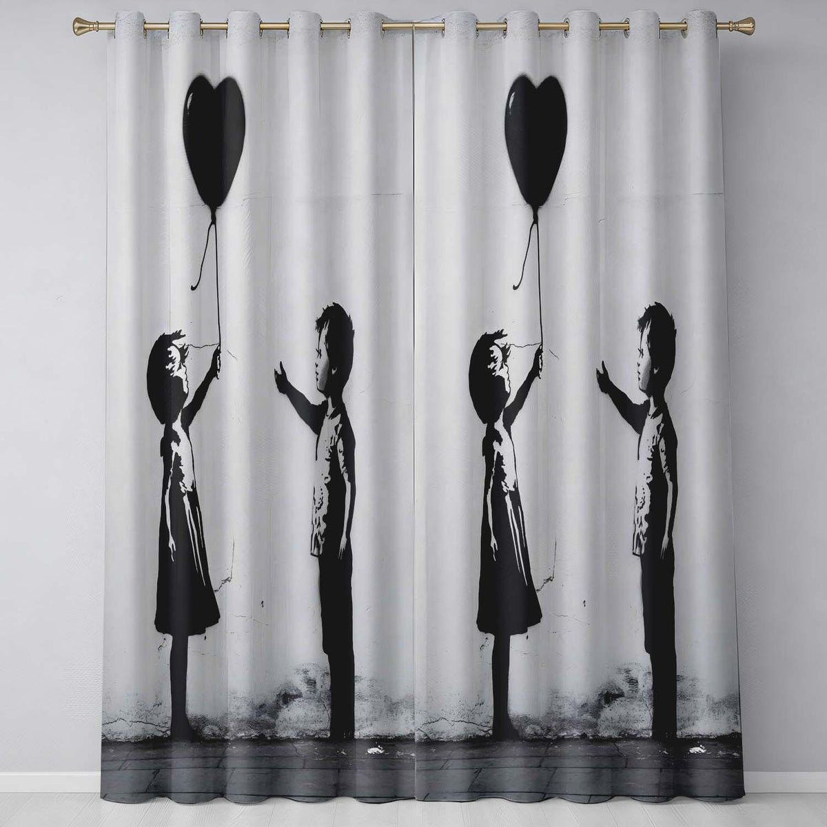 Children Sharing Black Heart Balloon Minimal Graffiti Elegant Artistic Home Decor Readymade Eyelet Ring Top Thermal 100% Blackout Curtains