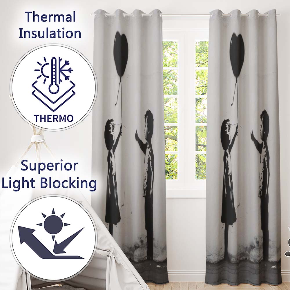 Children Sharing Black Heart Balloon Minimal Graffiti Elegant Artistic Home Decor Readymade Eyelet Ring Top Thermal 100% Blackout Curtains