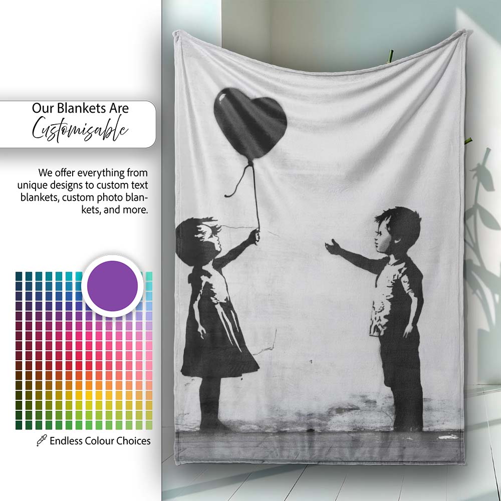 Children Sharing Black Heart Balloon Minimal Graffiti, Decorative Comfortable Housewarming Gift - Super Soft Fleece Blanket Bed Sofa Throw