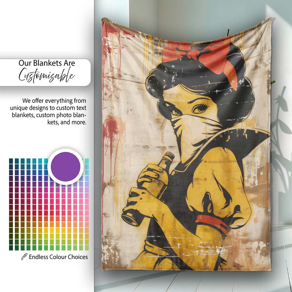 Masked Vintage Woman Holding Bottle Pop Art, Bedroom Living Room Accent, Unique Artistic Design - Super Soft Fleece Blanket Bed Sofa Throw