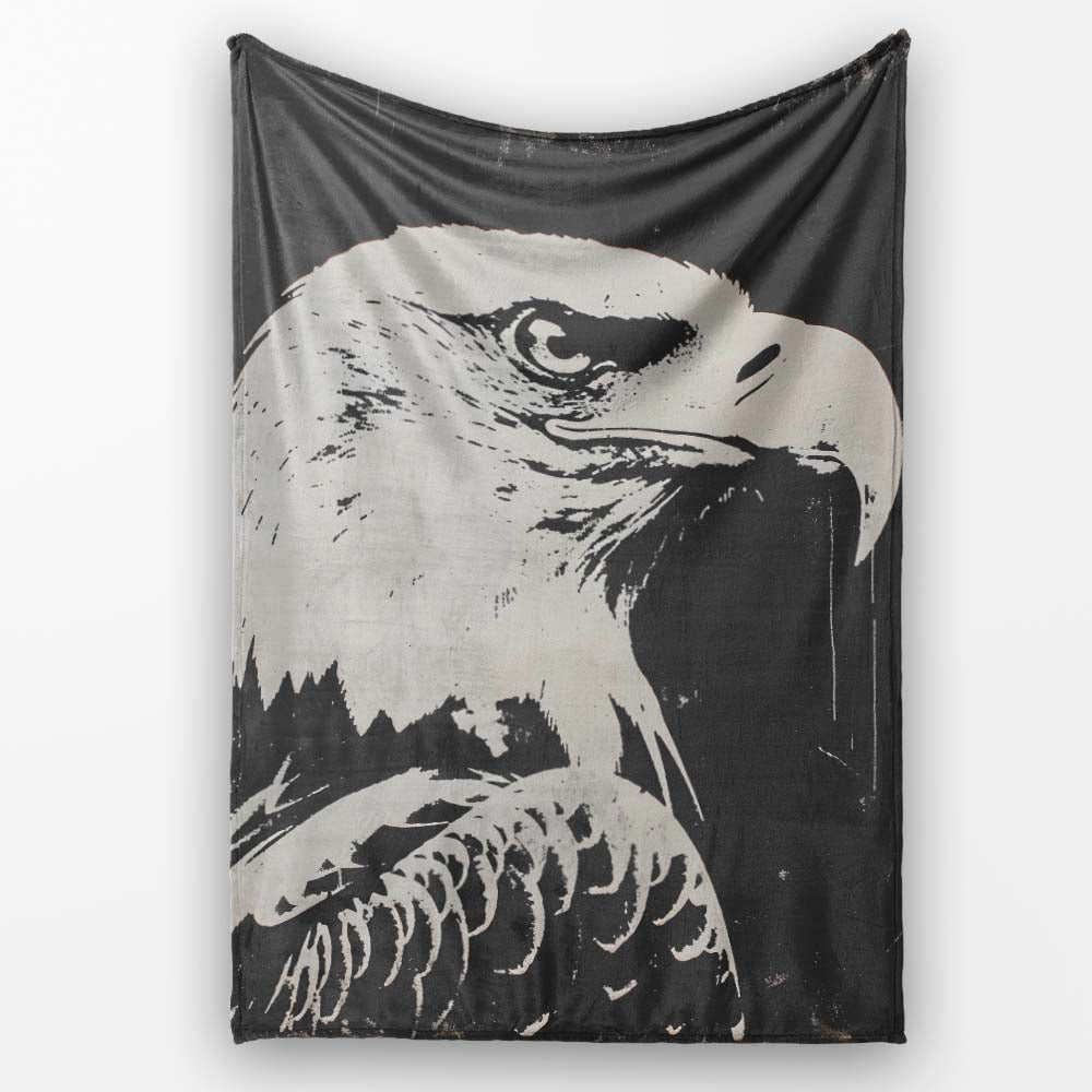 Monochrome Eagle Portrait Vintage Stencil, Bedroom Living Room Accent, Comfortable Everyday Use - Super Soft Fleece Blanket Bed Sofa Throw