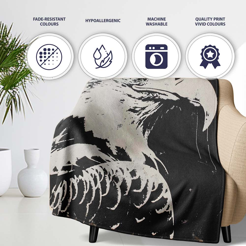 Monochrome Eagle Portrait Vintage Stencil, Bedroom Living Room Accent, Comfortable Everyday Use - Super Soft Fleece Blanket Bed Sofa Throw