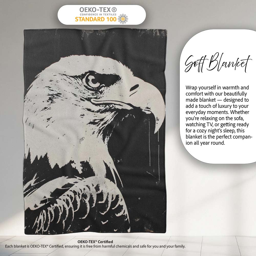 Monochrome Eagle Portrait Vintage Stencil, Bedroom Living Room Accent, Comfortable Everyday Use - Super Soft Fleece Blanket Bed Sofa Throw