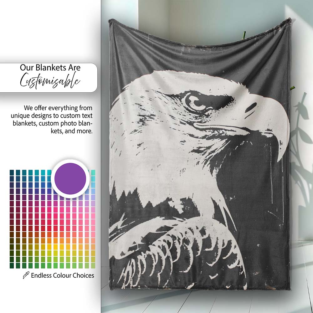 Monochrome Eagle Portrait Vintage Stencil, Bedroom Living Room Accent, Comfortable Everyday Use - Super Soft Fleece Blanket Bed Sofa Throw