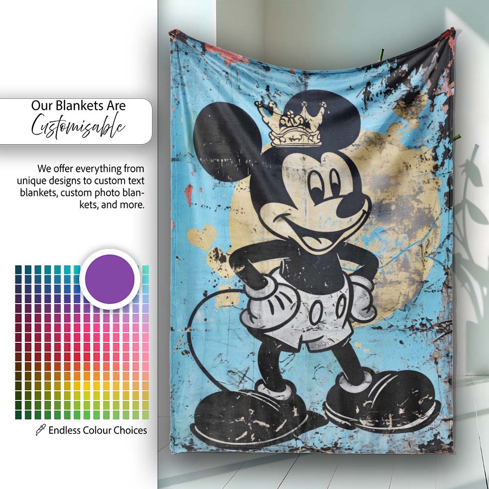 Crowned Cartoon Mouse Blue Gold Urban Pop Art, All Season Comfort, Thoughtful Housewarming Gift - Super Soft Fleece Blanket Bed Sofa Throw