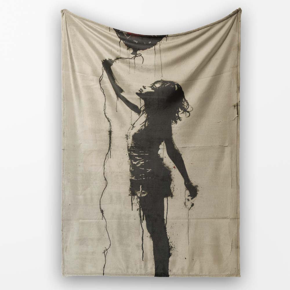 Woman Holding Red Heart Balloon Minimal Street Art, All Season Comfort, Stylish Room Decoration - Super Soft Fleece Blanket Bed Sofa Throw