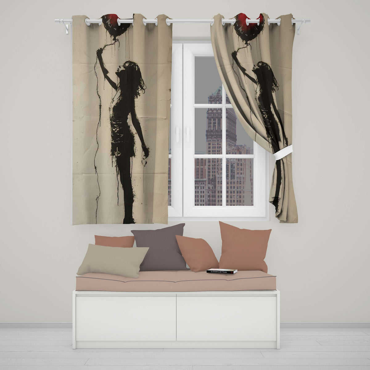 Woman Holding Red Heart Balloon Minimal Street Art Striking Design for Home Decor Readymade Eyelet Ring Top Thermal 100% Blackout Curtains