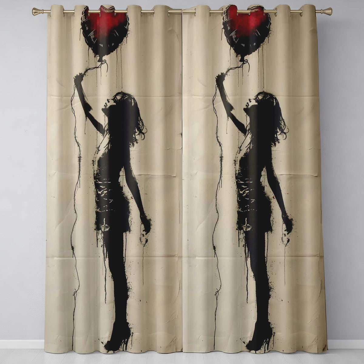 Woman Holding Red Heart Balloon Minimal Street Art Striking Design for Home Decor Readymade Eyelet Ring Top Thermal 100% Blackout Curtains