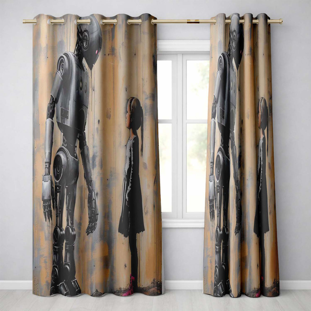 Robot and Girl Futuristic Urban Graffiti Modern Decorative Artwork for Home Decor Readymade Eyelet Ring Top Thermal 100% Blackout Curtains