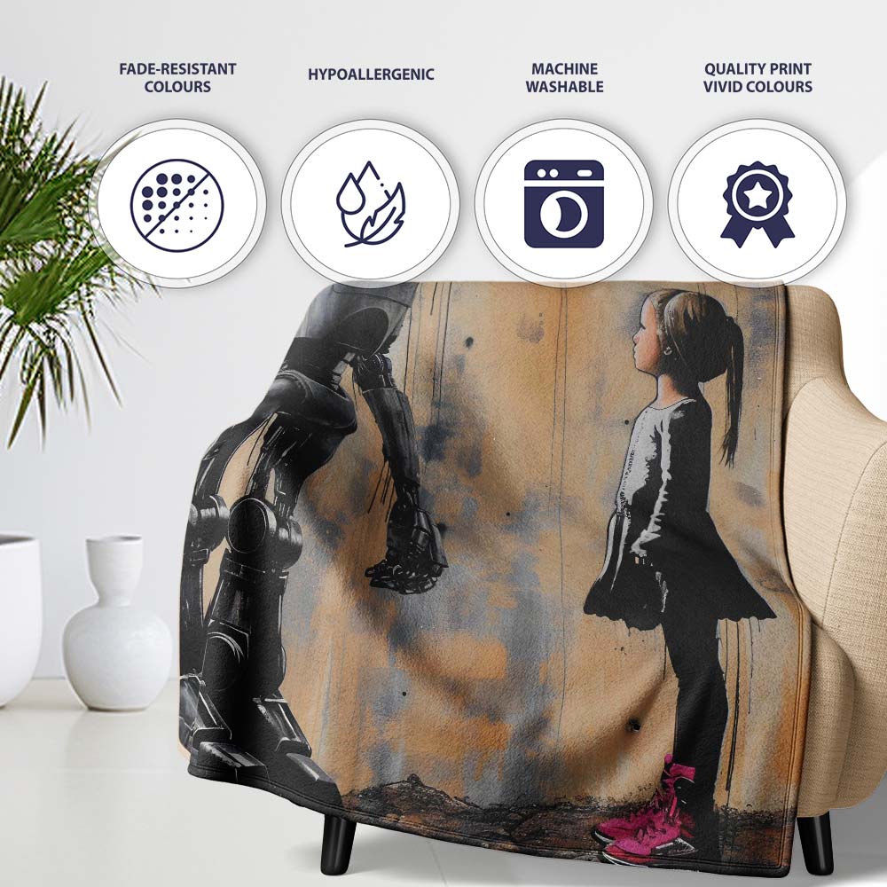 Robot and Girl Futuristic Urban Graffiti, Bedroom Living Room Accent, Decorative Wall Art Style - Super Soft Fleece Blanket Bed Sofa Throw