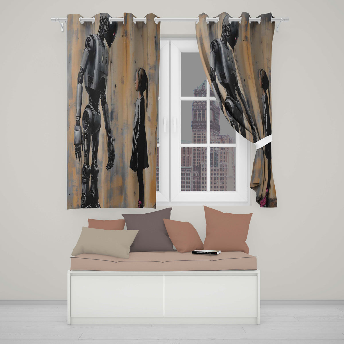 Robot and Girl Futuristic Urban Graffiti Modern Decorative Artwork for Home Decor Readymade Eyelet Ring Top Thermal 100% Blackout Curtains