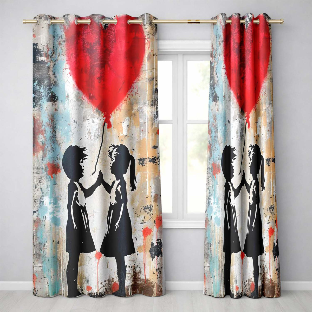 Children High Five Beneath Red Heart Balloon Artistic Bold Artwork for Home Decor Readymade Eyelet Ring Top Thermal 100% Blackout Curtains