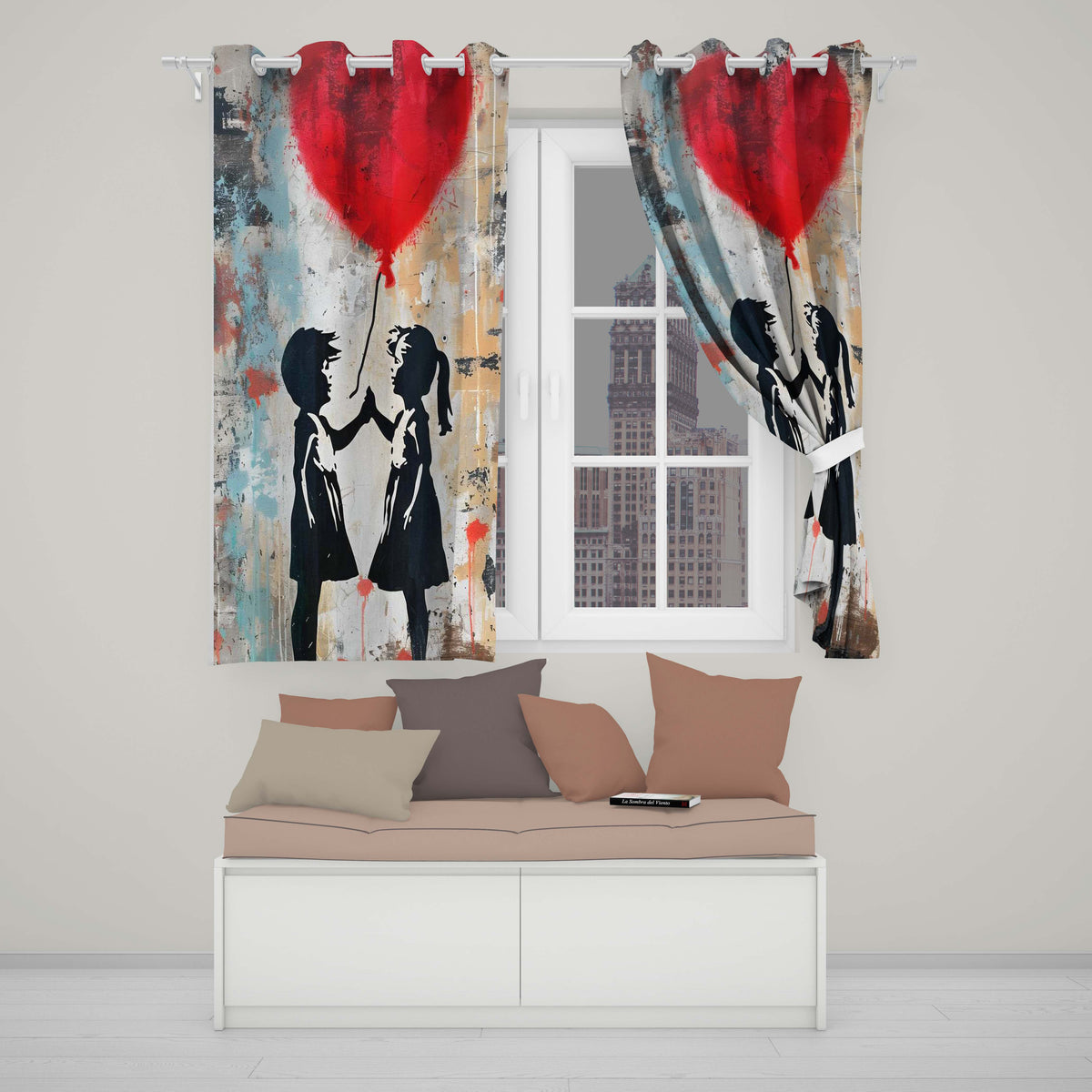 Children High Five Beneath Red Heart Balloon Artistic Bold Artwork for Home Decor Readymade Eyelet Ring Top Thermal 100% Blackout Curtains