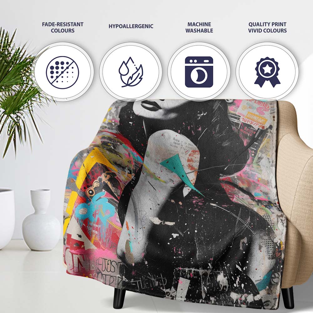 Colourful Woman Portrait Urban Collage Graffiti, Bedroom Living Room Accent, All Season Comfort - Super Soft Fleece Blanket Bed Sofa Throw