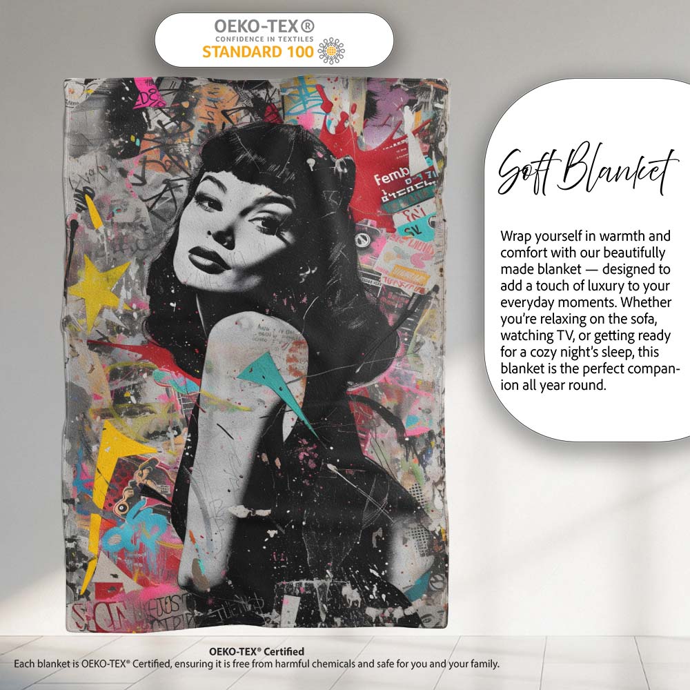 Colourful Woman Portrait Urban Collage Graffiti, Bedroom Living Room Accent, All Season Comfort - Super Soft Fleece Blanket Bed Sofa Throw