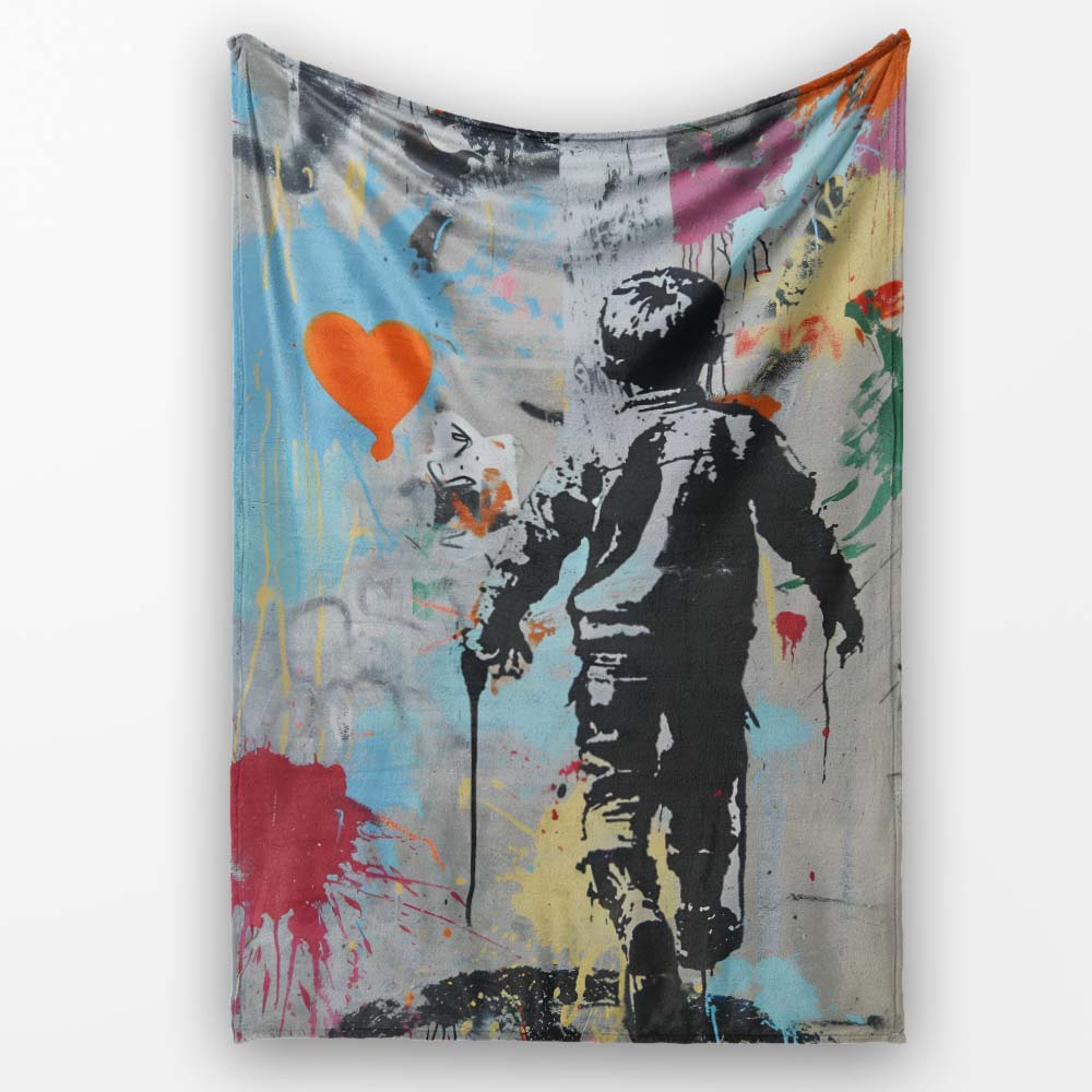 Boy Walking Beside Orange Heart Colour Splash, All Season Comfort, Thoughtful Housewarming Gift - Super Soft Fleece Blanket Bed Sofa Throw