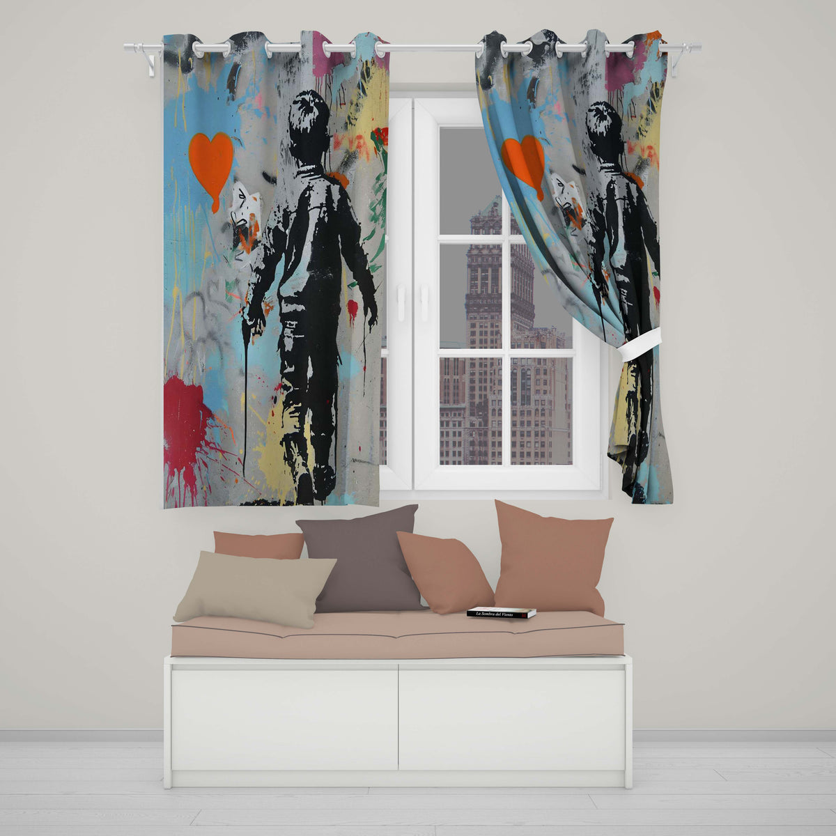 Boy Walking Beside Orange Heart Colour Splash Bold Elegant Artwork for Home Decor Readymade Eyelet Ring Top Thermal 100% Blackout Curtains