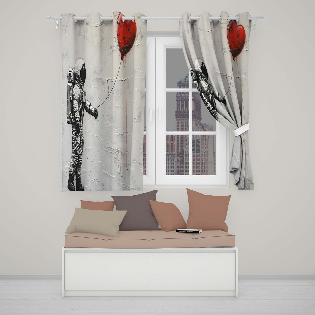 Astronaut Holding Red Heart Balloon Minimal Graffiti Modern Design for Home Decor Readymade Eyelet Ring Top Thermal 100% Blackout Curtains