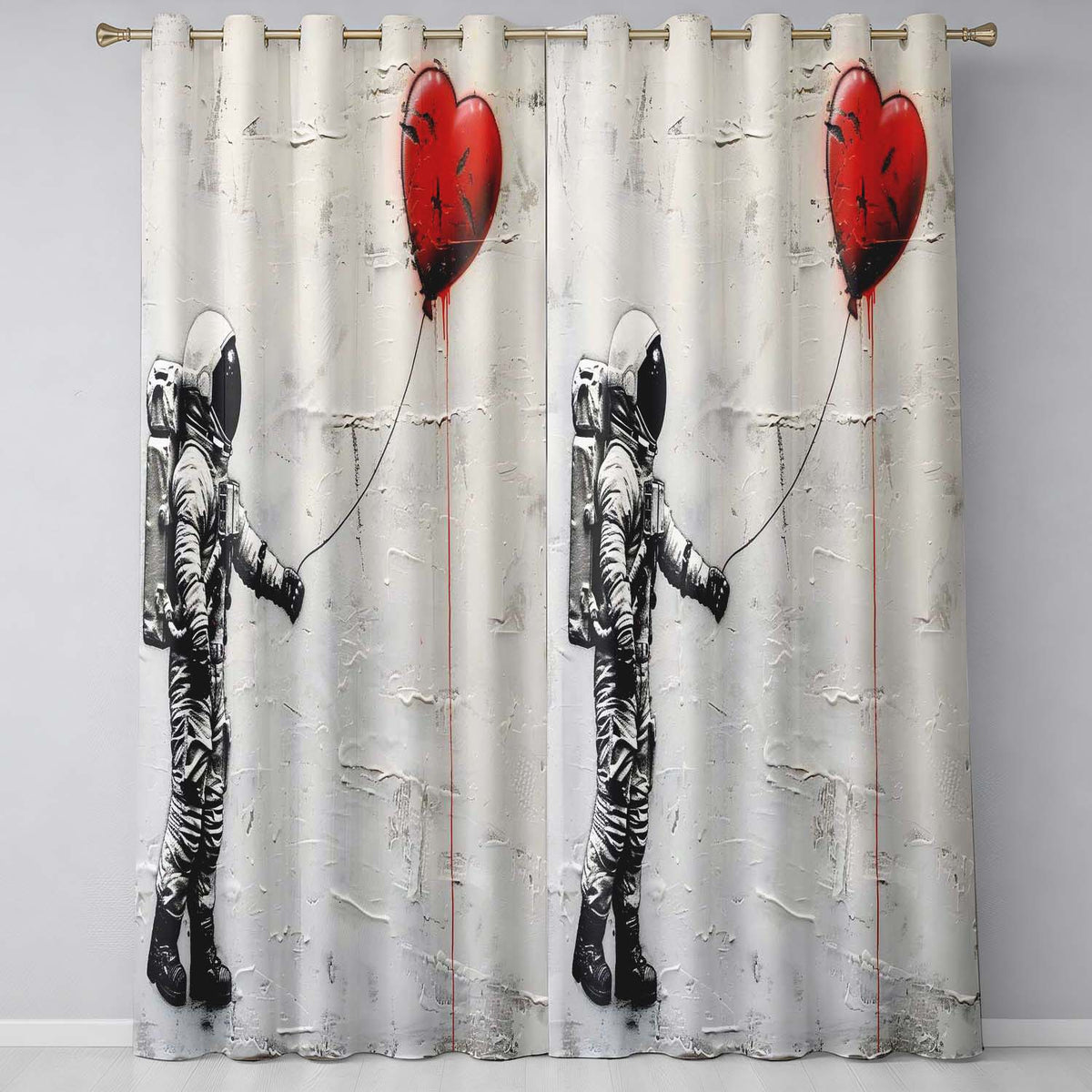 Astronaut Holding Red Heart Balloon Minimal Graffiti Modern Design for Home Decor Readymade Eyelet Ring Top Thermal 100% Blackout Curtains