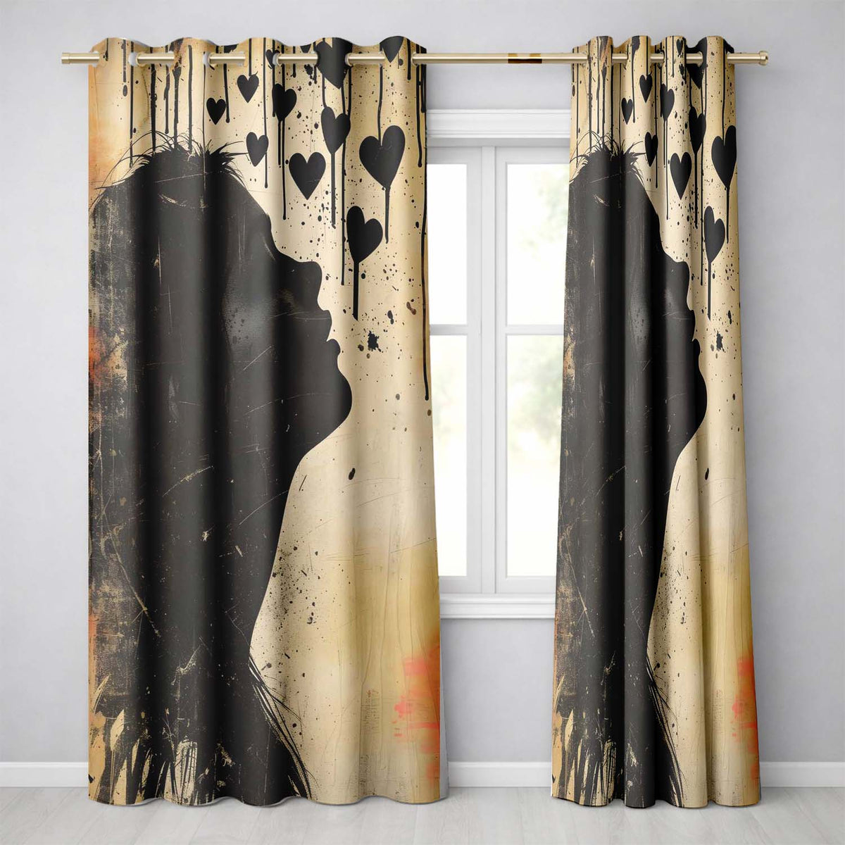 Red Heart Abstract With Woman Distressed Graffiti Expressive Wall Art Home Decor Readymade Eyelet Ring Top Thermal 100% Blackout Curtains