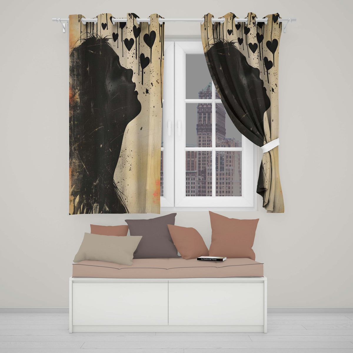 Red Heart Abstract With Woman Distressed Graffiti Expressive Wall Art Home Decor Readymade Eyelet Ring Top Thermal 100% Blackout Curtains