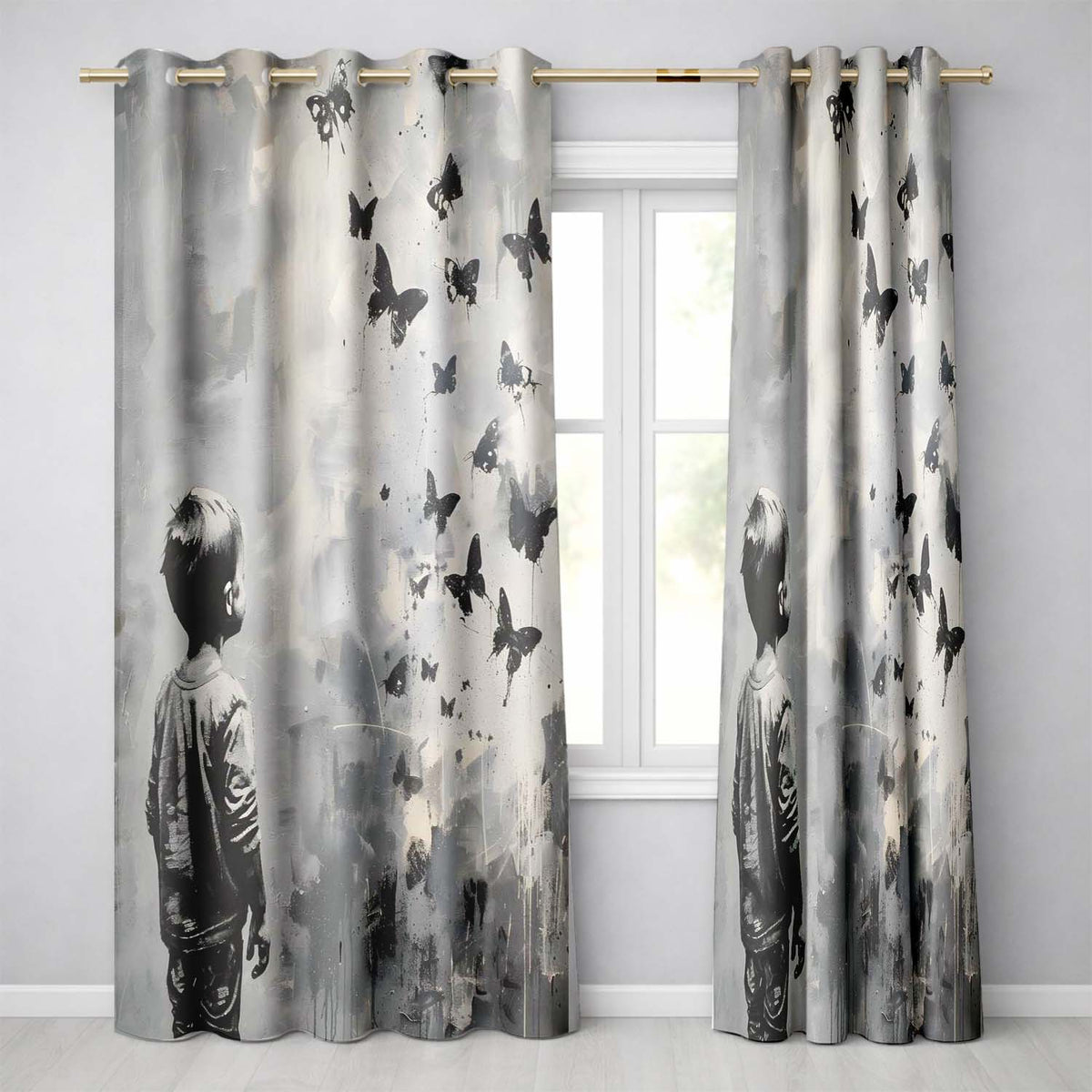 Boy Watching Black Butterflies Monochrome Street Art Modern Design for Home Decor Readymade Eyelet Ring Top Thermal 100% Blackout Curtains