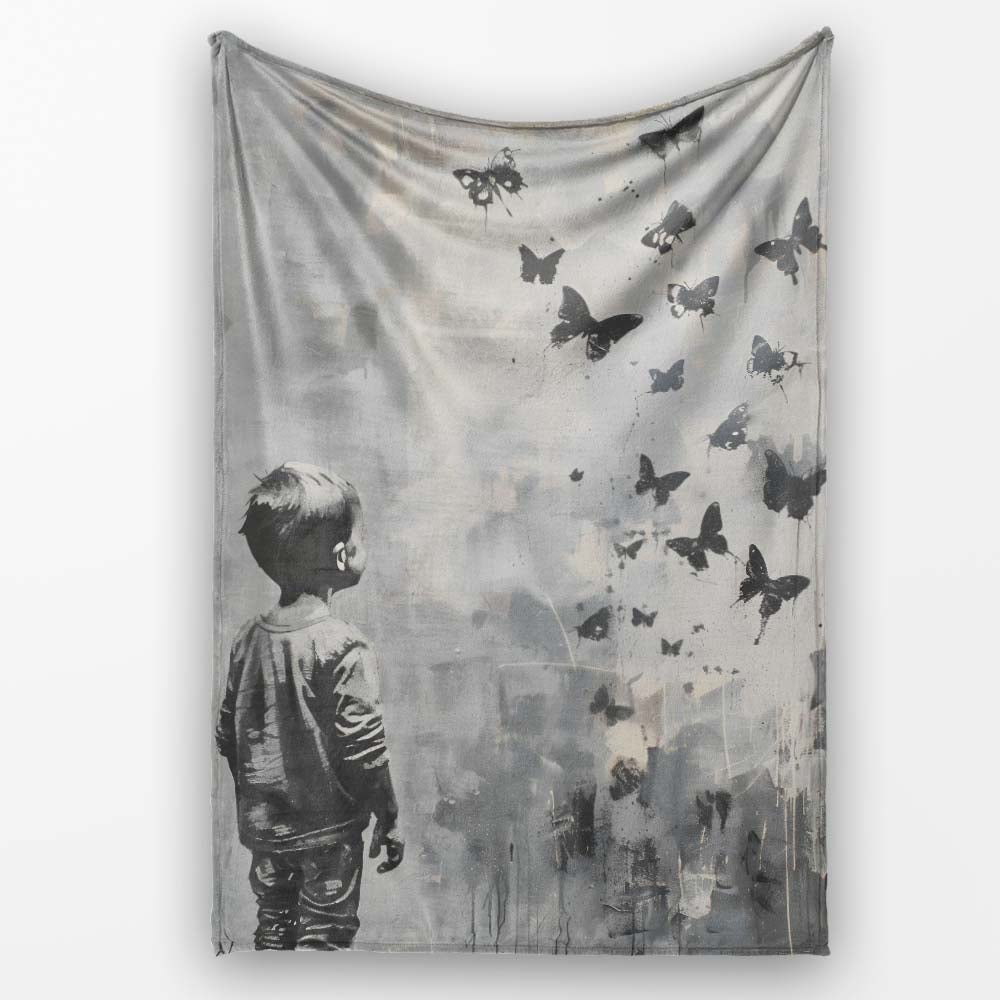 Boy Watching Black Butterflies Monochrome Street Art, Lightweight Comfortable Decorative Accent - Super Soft Fleece Blanket Bed Sofa Throw
