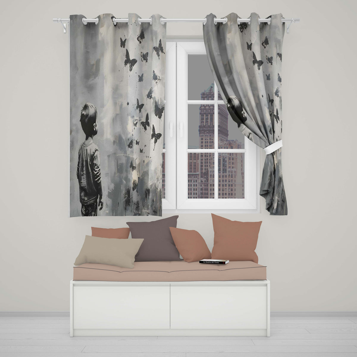 Boy Watching Black Butterflies Monochrome Street Art Modern Design for Home Decor Readymade Eyelet Ring Top Thermal 100% Blackout Curtains