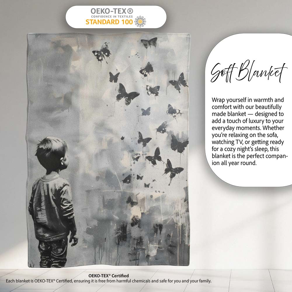 Boy Watching Black Butterflies Monochrome Street Art, Lightweight Comfortable Decorative Accent - Super Soft Fleece Blanket Bed Sofa Throw