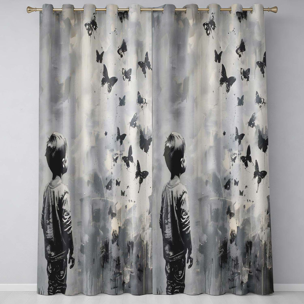 Boy Watching Black Butterflies Monochrome Street Art Modern Design for Home Decor Readymade Eyelet Ring Top Thermal 100% Blackout Curtains
