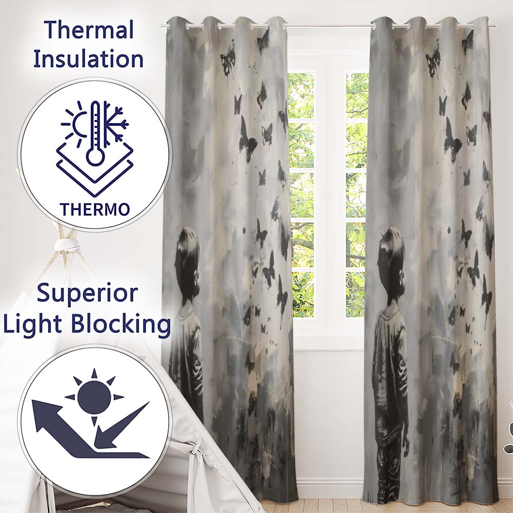 Boy Watching Black Butterflies Monochrome Street Art Modern Design for Home Decor Readymade Eyelet Ring Top Thermal 100% Blackout Curtains