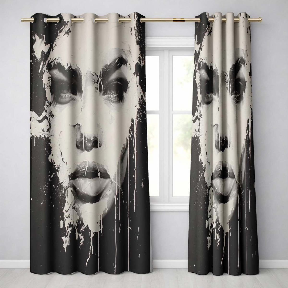 Black and White Female Face Abstract Drip Art Vibrant Bold Artwork for Home Decor Readymade Eyelet Ring Top Thermal 100% Blackout Curtains