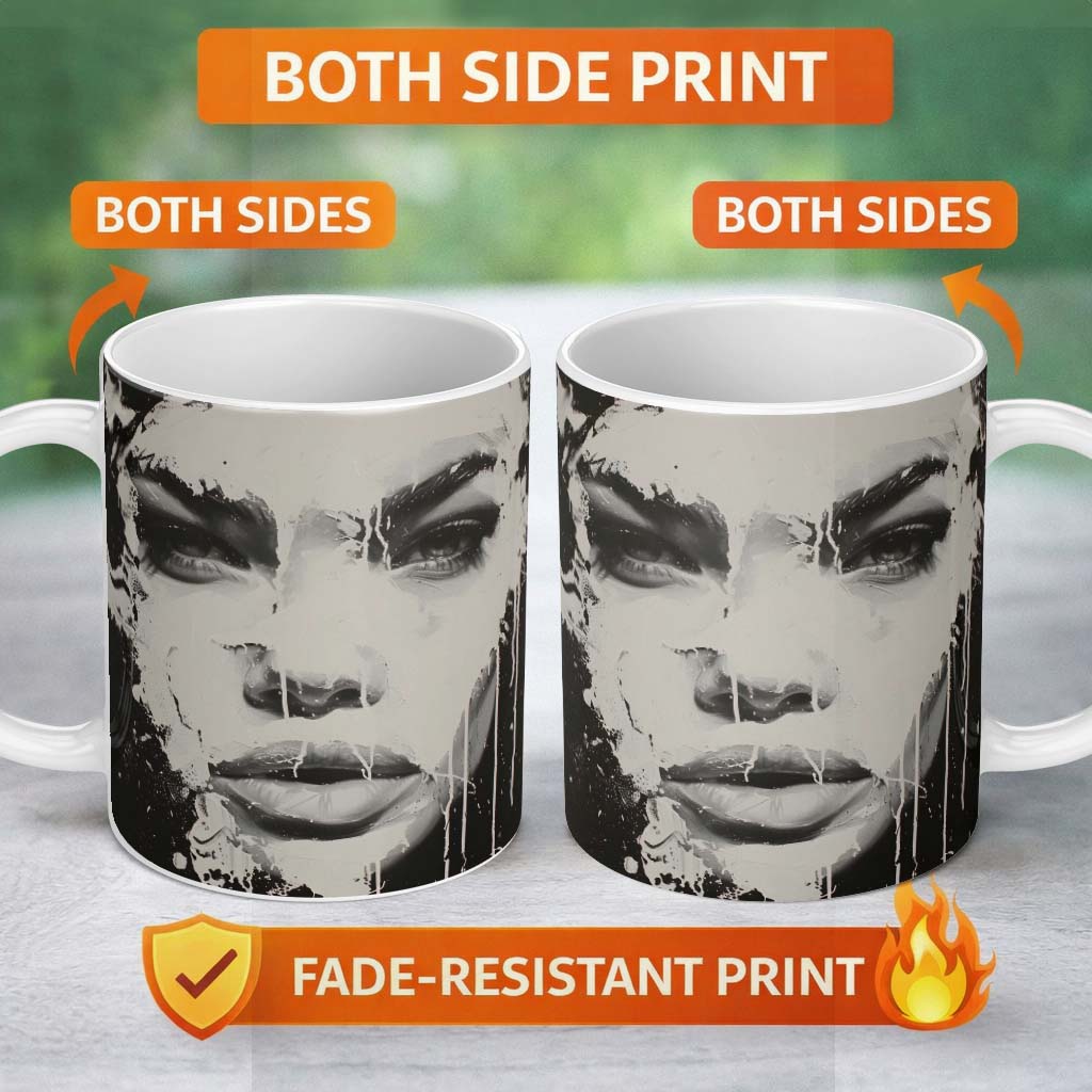 Black and White Female Face Abstract Drip Art 11oz Ceramic Coffee Tea Mug White Large Handle