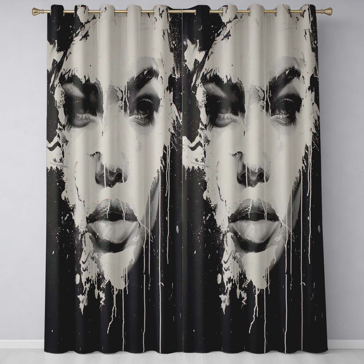 Black and White Female Face Abstract Drip Art Vibrant Bold Artwork for Home Decor Readymade Eyelet Ring Top Thermal 100% Blackout Curtains