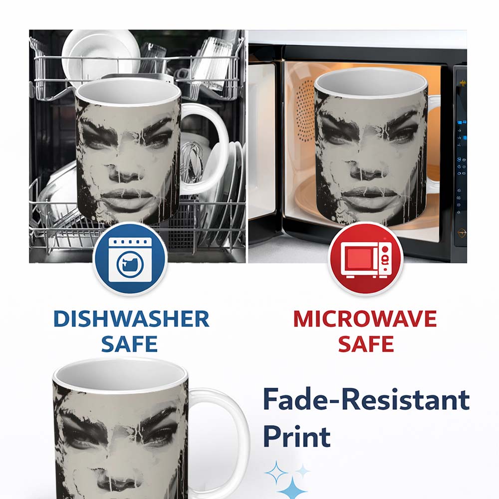 Black and White Female Face Abstract Drip Art 11oz Ceramic Coffee Tea Mug White Large Handle