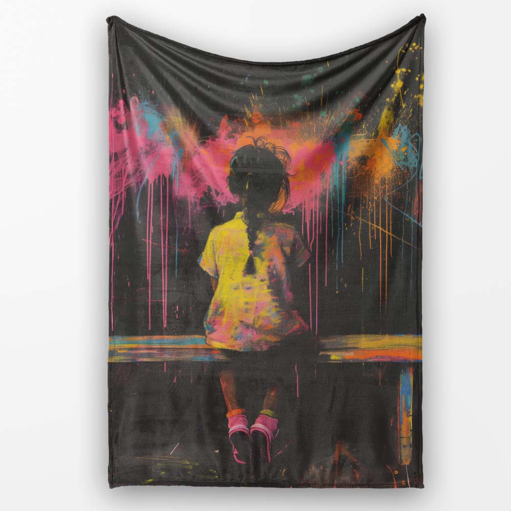 Girl Sitting on Bench Colour Splash Graffiti, Comfortable Everyday Use, Stylish Room Decoration - Super Soft Fleece Blanket Bed Sofa Throw