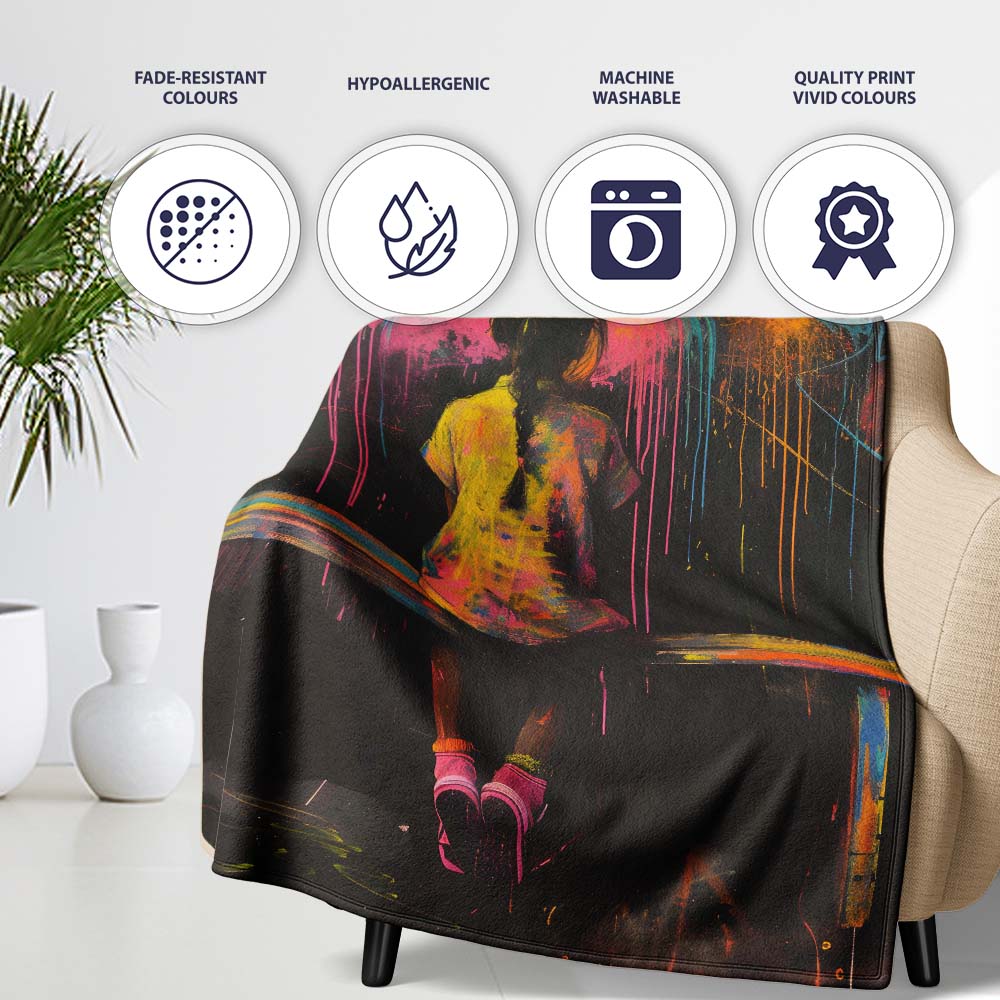 Girl Sitting on Bench Colour Splash Graffiti, Comfortable Everyday Use, Stylish Room Decoration - Super Soft Fleece Blanket Bed Sofa Throw
