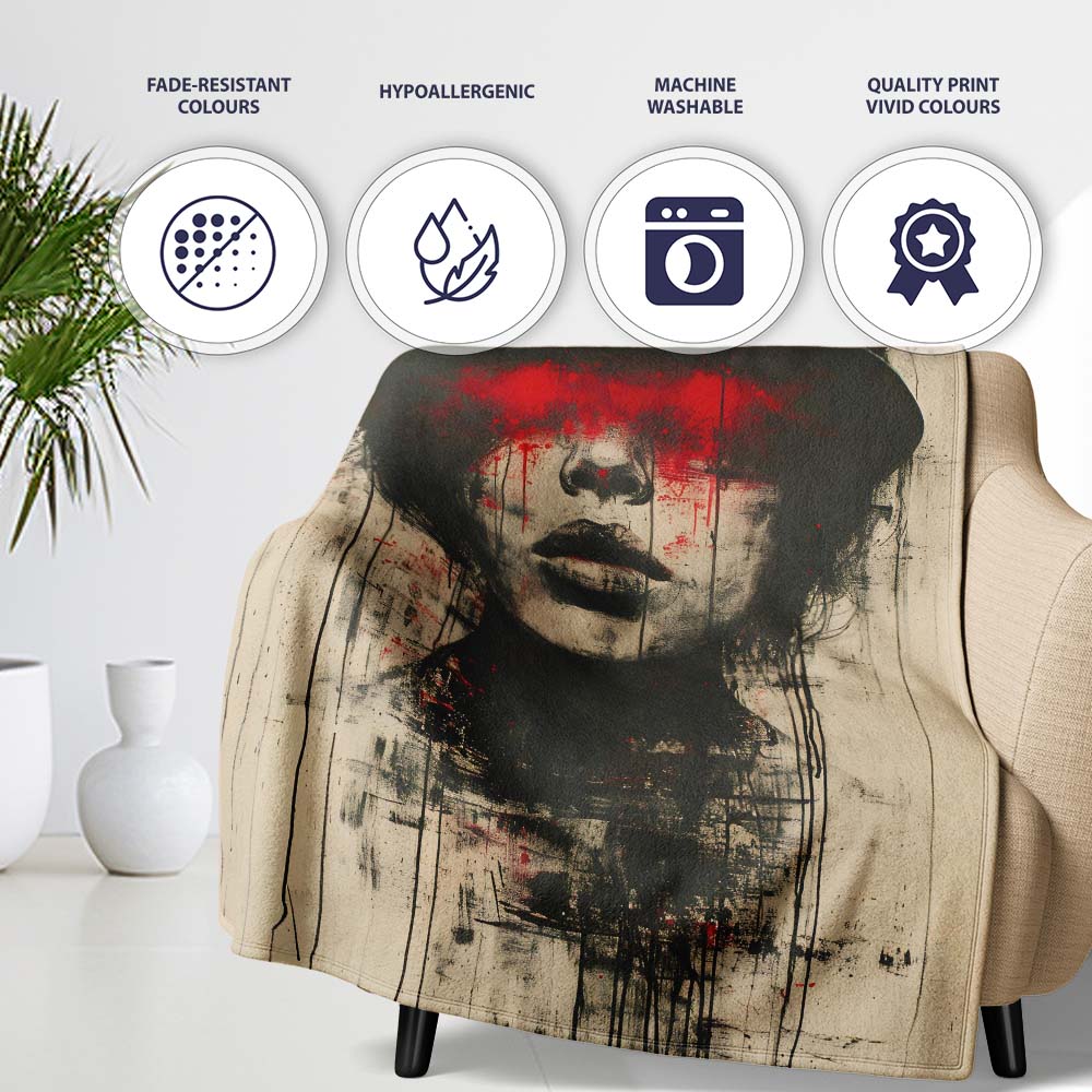 Female Officer Portrait Red Drip Urban Graffiti, Bedroom Living Room Accent, All Season Comfort - Super Soft Fleece Blanket Bed Sofa Throw