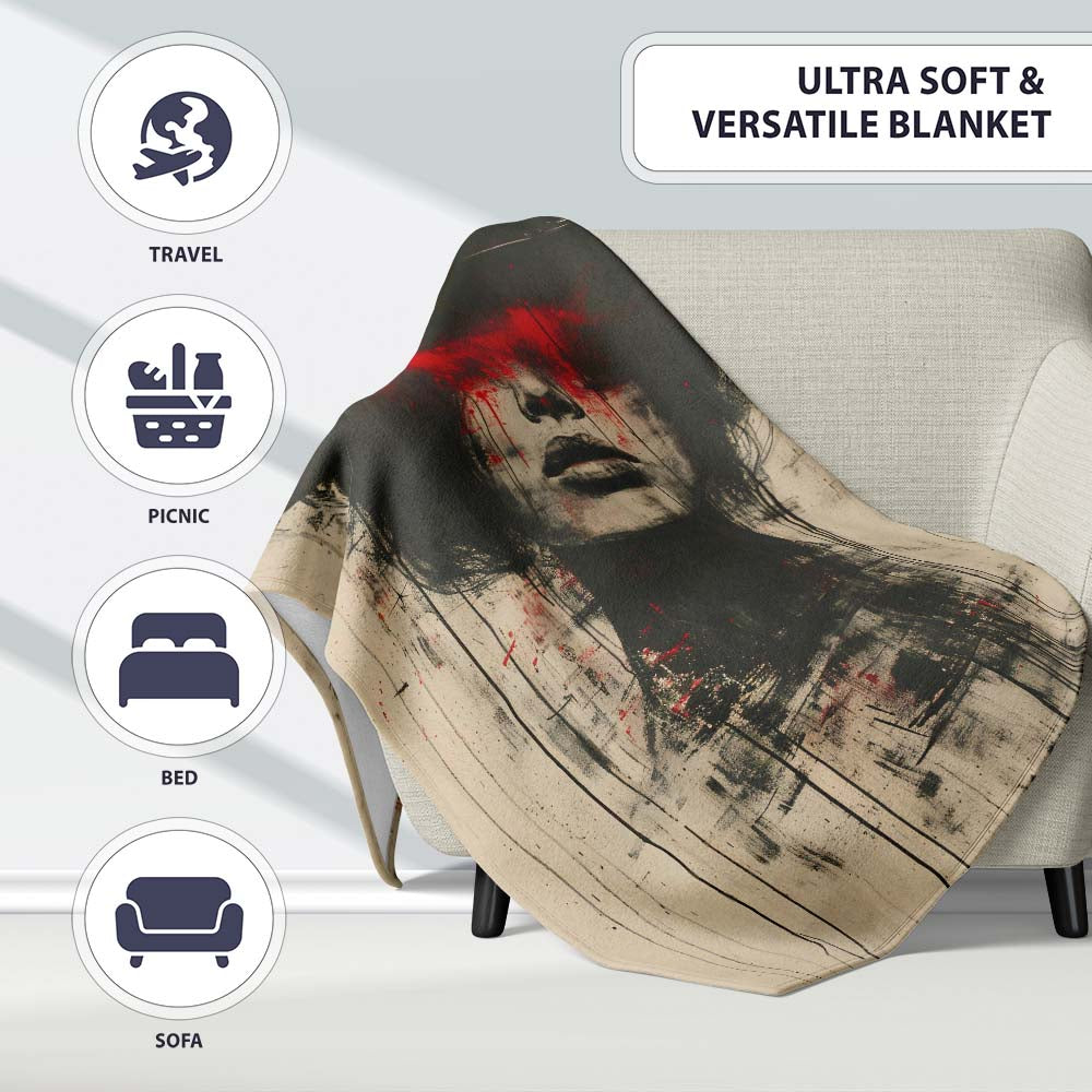 Female Officer Portrait Red Drip Urban Graffiti, Bedroom Living Room Accent, All Season Comfort - Super Soft Fleece Blanket Bed Sofa Throw