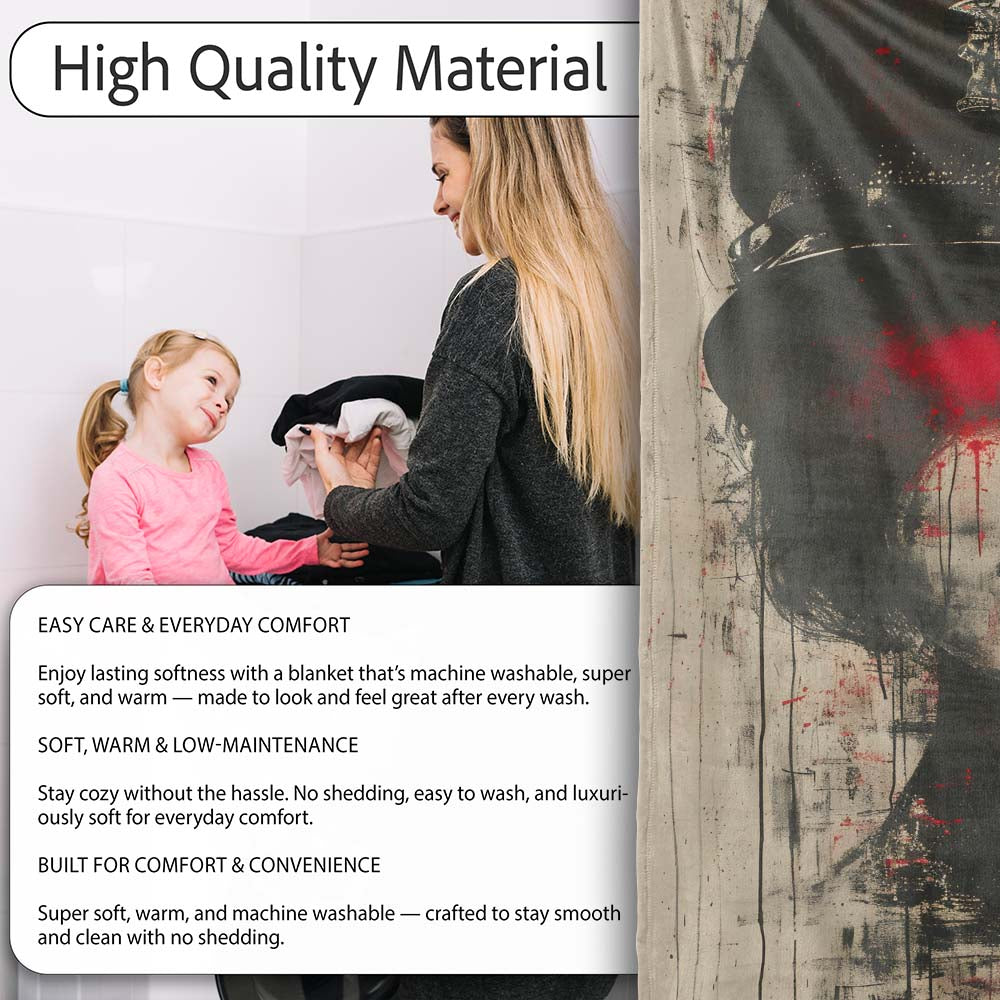 Female Officer Portrait Red Drip Urban Graffiti, Bedroom Living Room Accent, All Season Comfort - Super Soft Fleece Blanket Bed Sofa Throw