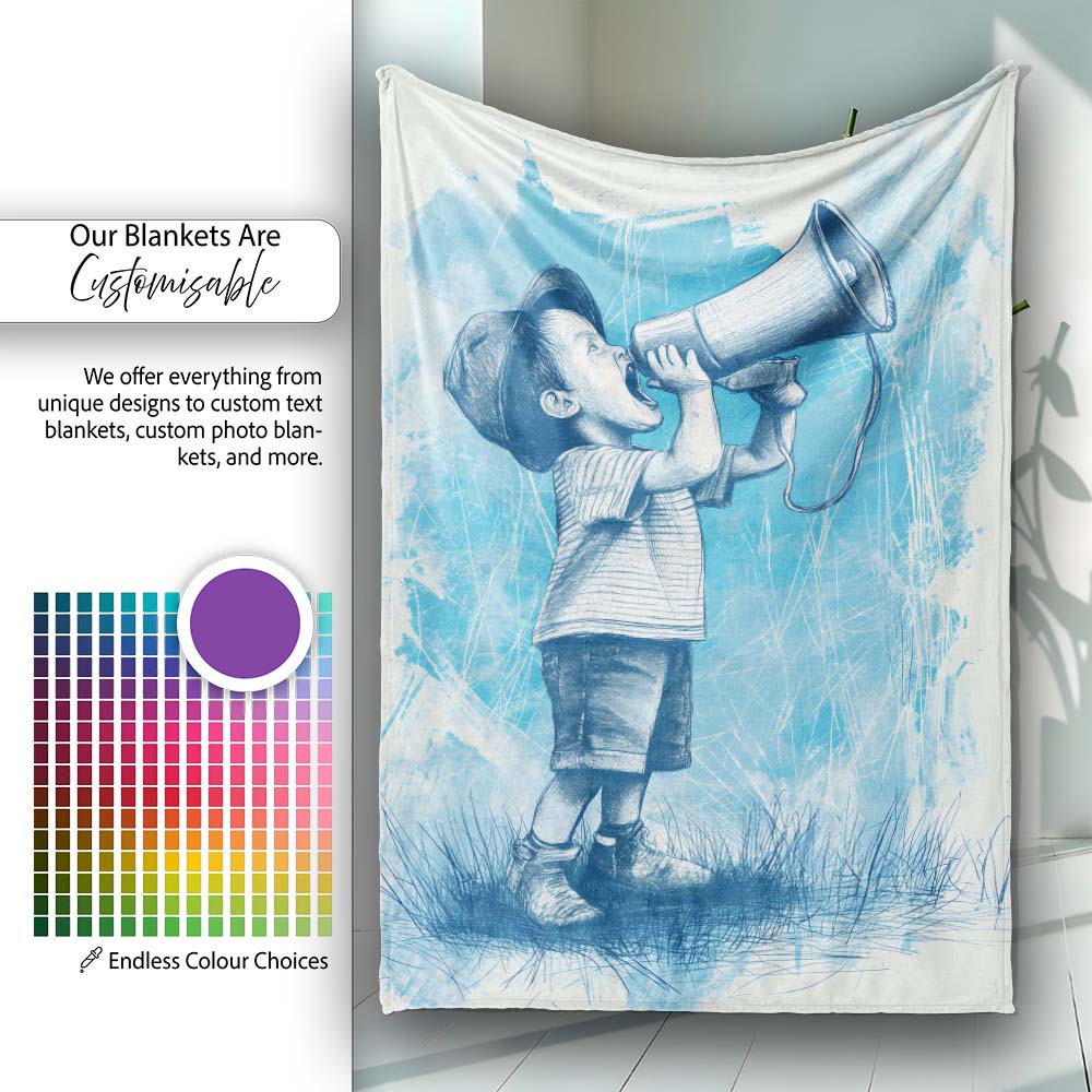 Boy Shouting Through Megaphone Blue Sketch Art, Lightweight Warm Gift, Comfortable Everyday Use - Super Soft Fleece Blanket Bed Sofa Throw